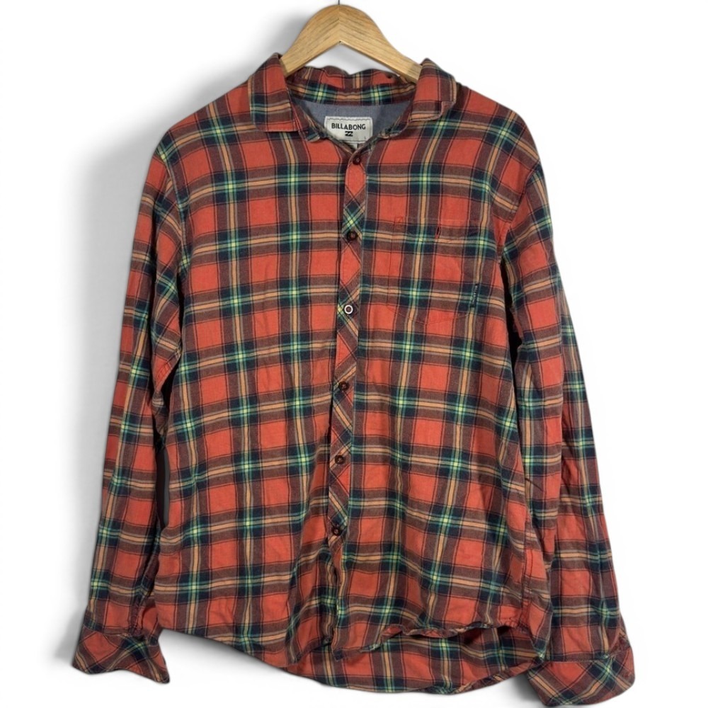 Billabong Flannel Shirt Large Orange Plaid Modern Long Sleeve Cotton Fall Knit